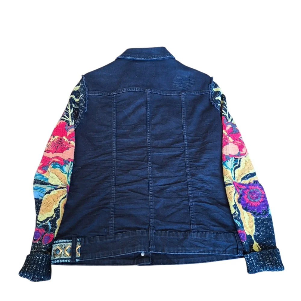 Desigual Jean Jacket With Crochet Knit Overlay Bimaterial Boho Embellished Denim - Picture 3 of 11